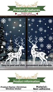 Detailed view of white reindeer and snowflake window decals with double-sided UV printing