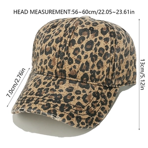 Detailed size chart for vintage leopard baseball cap showing brim and circumference