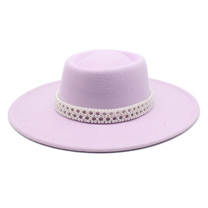 Close-up of lavender wool felt fedora hat featuring elegant triple-row pearl hatband