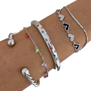 Set of silver stainless steel bracelets with colorful zircon hearts and star charms