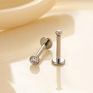 G23 titanium labret studs with clear round zircon for cartilage and lip piercings