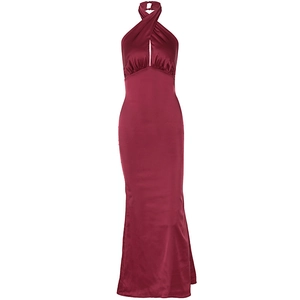 Elegant wine red satin halter dress with a slim fit and open back for evening galas
