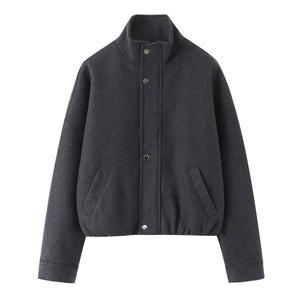 Women Stand Collar Short Flight Jacket Solid Color Woolen Texture Bomber Coat With Snap Buttons And Pockets Streetwear