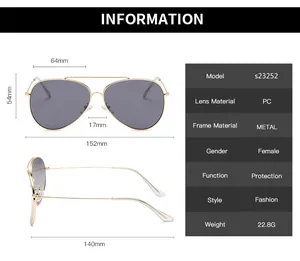 Detailed size chart for model s23252 aviator sunglasses showing frame and lens dimensions