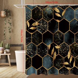 Dettaglio tenda doccia marmo nero con motivo a nido d'ape dorato e misura di 180x180cm