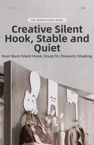Detail of white metal cat-shaped door hooks showing non-slip pads and silent design