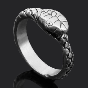 Macro shot of silver metal snake ring with vintage punk texture on a black mirror base