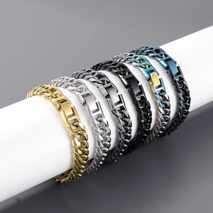 Men's 12mm titanium curb chain bracelets in gold, silver, black, and rainbow finishes