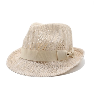 Beige knit hollow jazz fedora hat with bow ribbon for summer sun protection