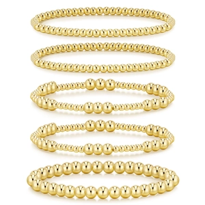 Set of 5 14k gold hematite beaded stretch bracelets with 4/6/8mm beads in a group stack