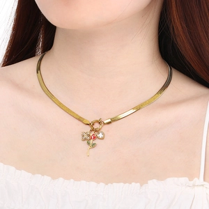 Gold stainless steel snake chain necklace with red rose, clover and heart charms