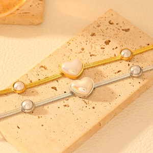 Bracelet chaîne serpent en acier inoxydable avec cœur et perle en or et argent