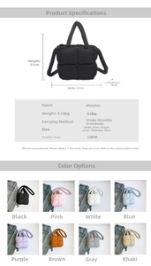 Size chart showing large capacity quilted cotton tote bag dimensions and multi-color options