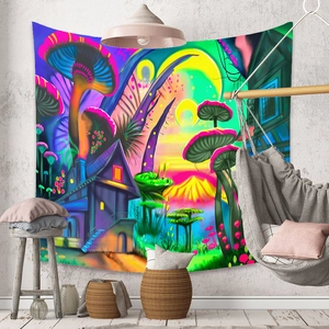 Detail of psychedelic mushroom tapestry with vibrant neon colors and surreal landscape