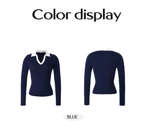 Flat lay of navy blue long sleeve Polo shirt with contrast white collar and V-neckline