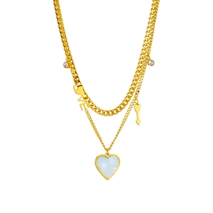 Double-layered gold titanium necklace with heart shell pendant and LOVE letter charm
