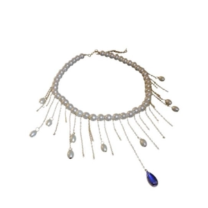 French vintage pearl tassel necklace with elegant blue teardrop gemstone pendant
