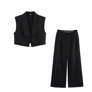 Women Vest And Wide Leg Pants Outfits Lace Patchwork Sleeveless V Neck Polyester Elegant Office Lady Commuter Wear