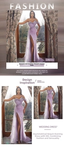 Detail showing purple sequin fabric and high slit design of the irregular evening gown