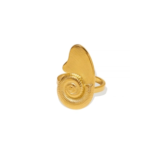 Gold stainless steel conch spiral ring with detailed nautilus wing texture for women