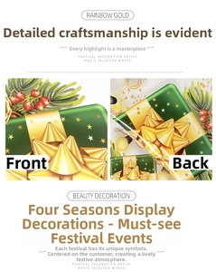 Detail of green Christmas gift box with gold stars and large metallic bow decoration