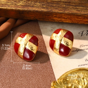 Detailed size view of vintage red enamel square earrings with gold cross pattern