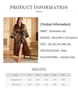 Detailed size guide table for plus size leopard print imitation silk long bathrobe