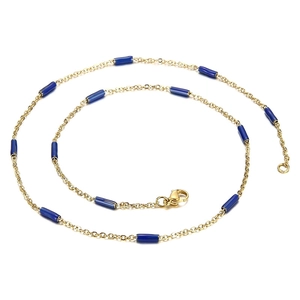 Minimalist gold link chain necklace with blue cylindrical tubes and lobster clasp