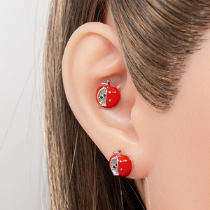 Cute red apple surgical steel stud earrings with star engraving and black gemstone