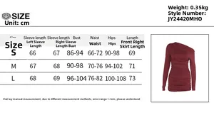 Detailed size chart for the elegant wine red off-shoulder ruched slim fit mini dress