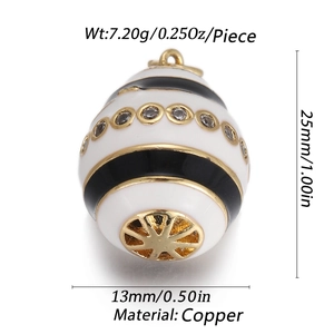 Detailed view of copper white enamel evil eye egg pendant with dimensions and weight info