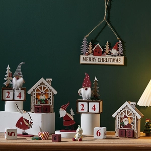 Nordic wooden Christmas countdown calendar ornaments with LED lights and gnome motifs