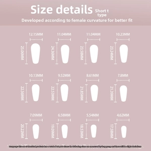 Detailed size chart showing dimensions for 12 sizes of short T-shaped press-on nails