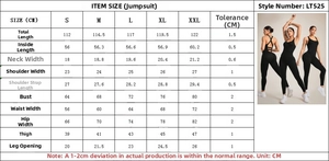 Detailed size chart for the seamless backless yoga bodysuit with precise measurements