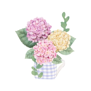 3D pop-up Mother's Day card with watercolor hydrangea bouquet in a checkered cup