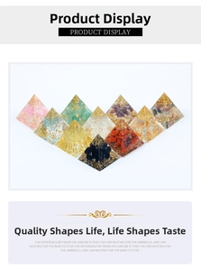 Collection of ten mini crystal pyramid ornaments in diverse healing gemstone materials