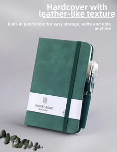 A6 green faux leather pocket notebook with elastic band and matching dark green pen set