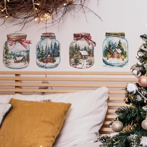 Detaillierte Wandsticker mit Aquarell-Weihnachtskugeln auf einer Schlafzimmerwand dekoriert