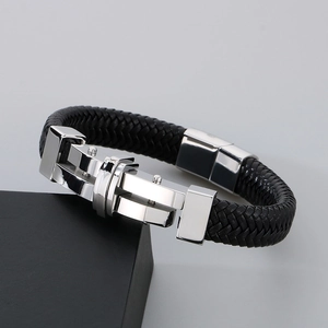 Men's braided leather bracelet with stainless steel cross charm on black gift box