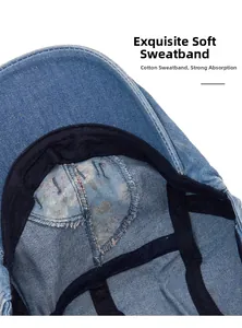 Detailansicht des weichen Baumwollschweißbandes im Denim-Barett zur Schweißaufnahme