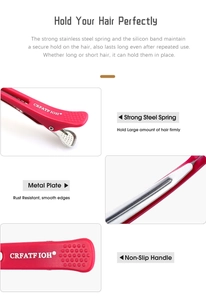 Detail of red hair clips showing strong steel spring, metal plate and non-slip handle