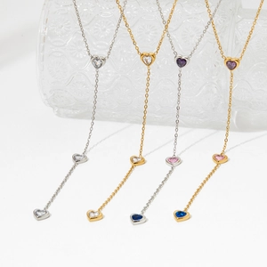 Minimalist stainless steel Y-shaped necklace with colorful heart-shaped crystal pendants