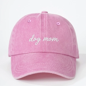 Vintage washed pink cotton baseball cap featuring white dog mom embroidery for women
