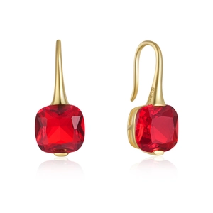 Detail of S925 sterling silver ear hooks with square-cut red zircon stones in gold finish