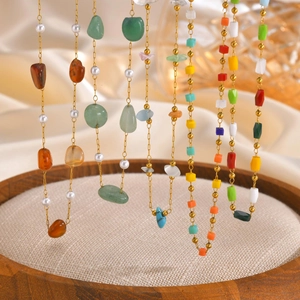 Bohemian stainless steel beaded necklaces with faux amber and colorful natural stones