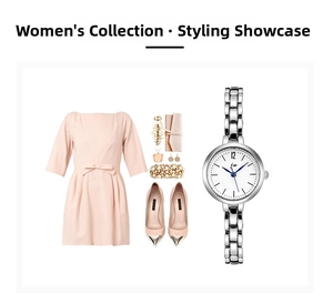 Flat lay of pink dress with matching silver watch and elegant accessories for women