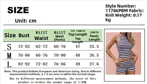 Guide des tailles pour ensemble crop top et short à rayures en S, M, L avec mesures détaillées