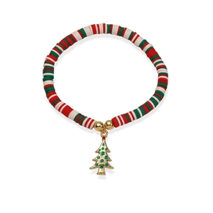 Bracelet de Noël en perles colorées avec pendentif sapin doré sur fond blanc pur
