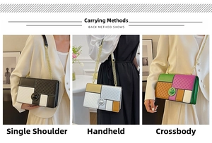 Three-way carry view of a geometric color-block handbag with gold chain and metal lock