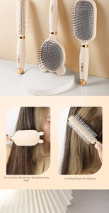 Detailed views of the beige hair brush set showing hair styling and daily scalp massage